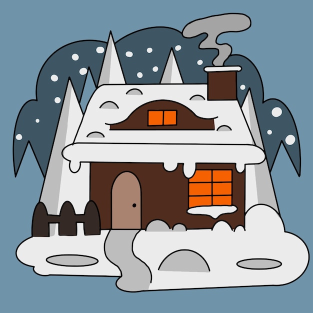 가문비나무와 따뜻한 크리스마스 밤에 눈 덮인 집