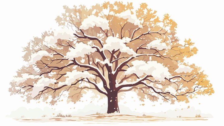 Vector snow covered oak tree leaves on sunny winter day