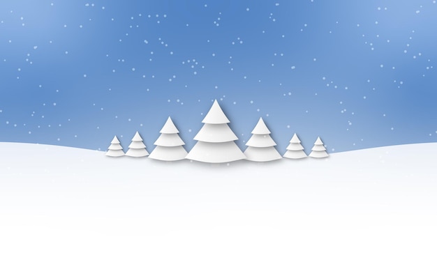 Snow covered open winter landscape at snowfall snowy trees with blue sky background illustration