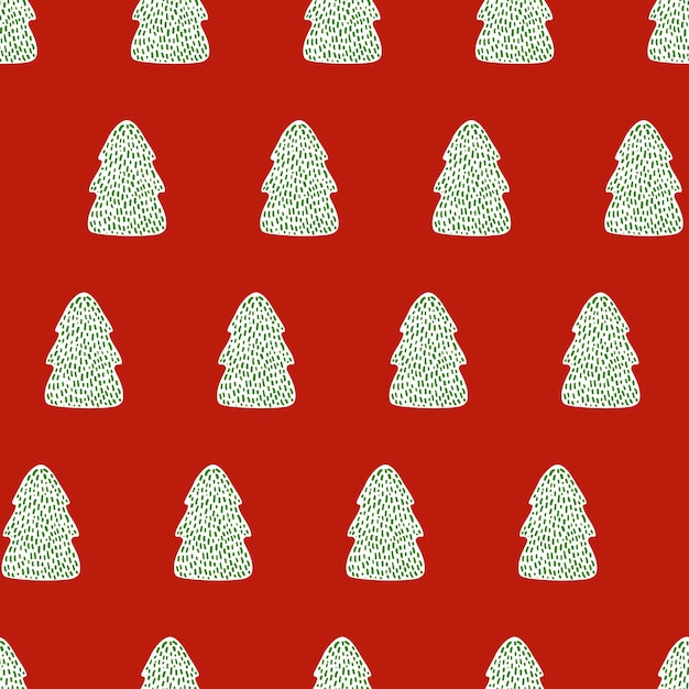 Snow covered spruce trees on a red background christmas seamless pattern