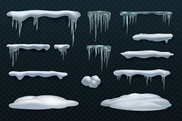 Elementi di neve. bordi di palle di neve e cumulo di neve, ghiaccioli e berretti di neve. insieme di vettore di inverno isolato