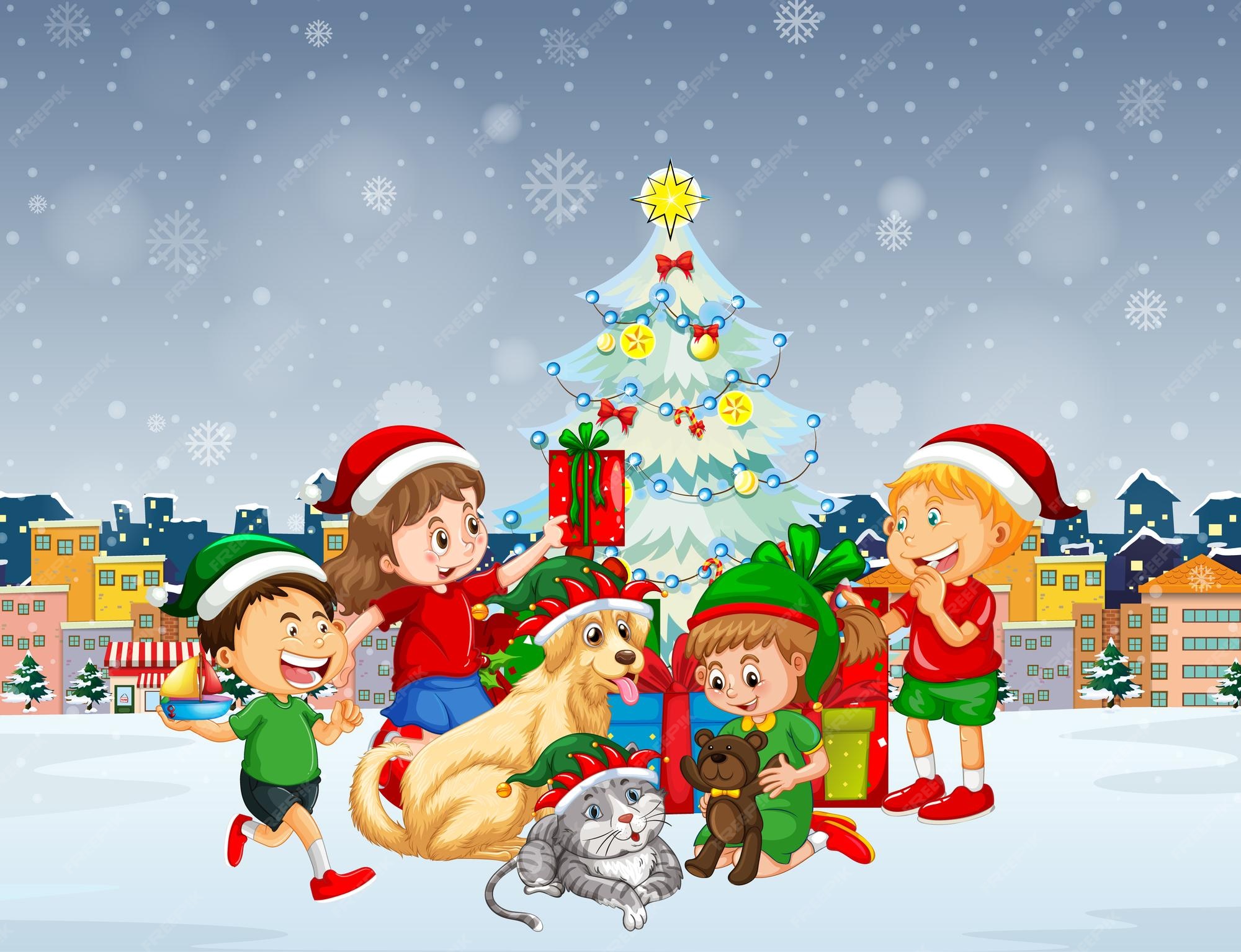 Premium Vector | Snow falling scene with children and dogs in christmas theme Premium Vector | Snow falling scene with children and dogs in christmas theme
