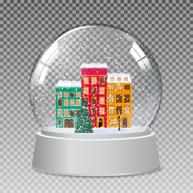 Globo di vetro di neve con piccola città in inverno per regalo di natale e capodanno