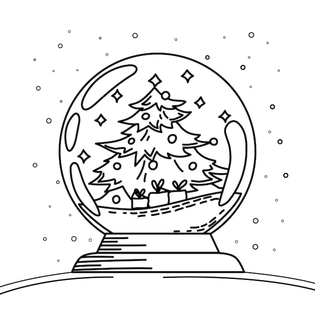 Globo di neve con albero di natale e scatole regalo natale e capodanno libro da colorare vector