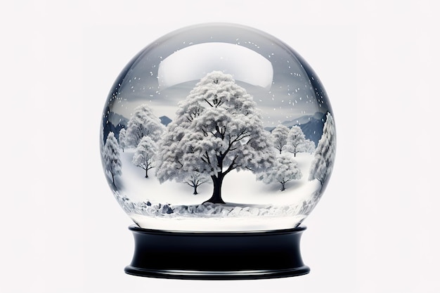 Vector snow globe with falling snow and winter forest inside