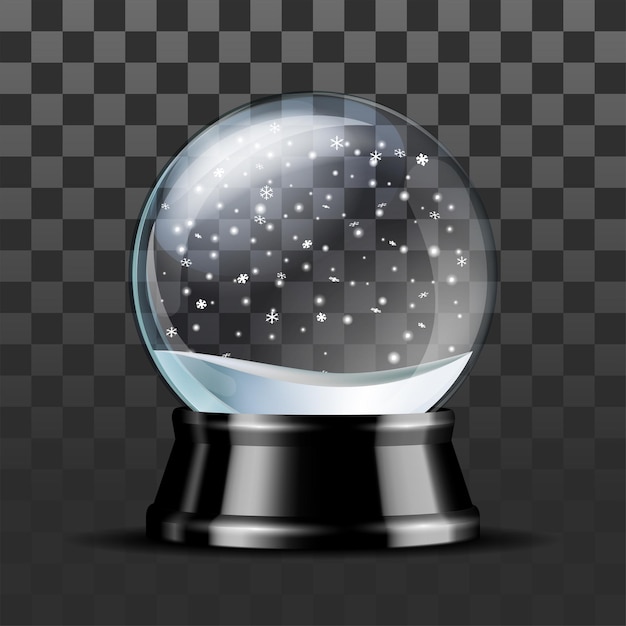 Snow globe with falling snowflakes. realistic transparent glass sphere on black pedestal. magic glass sphere on dark background. vector illustration eps 10