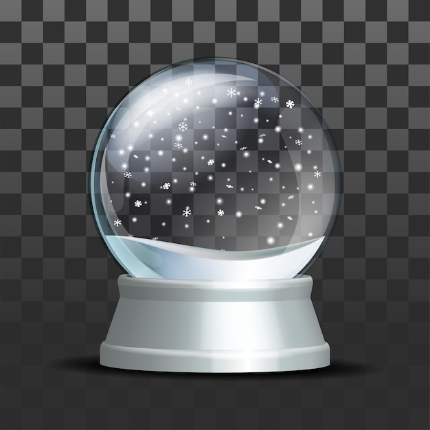 Snow globe with falling snowflakes. Realistic transparent glass sphere on white pedestal. Magic glass sphere on dark background. Vector illustration EPS 10