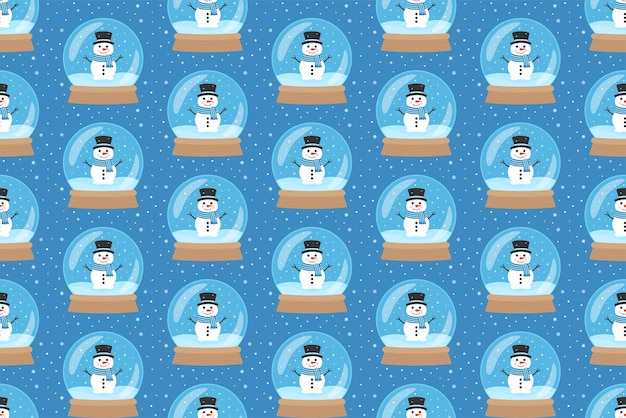 Snow globe with snowman vector seamless pattern on blue background christmas and new year concept winter design for wrapping paper package or fabric