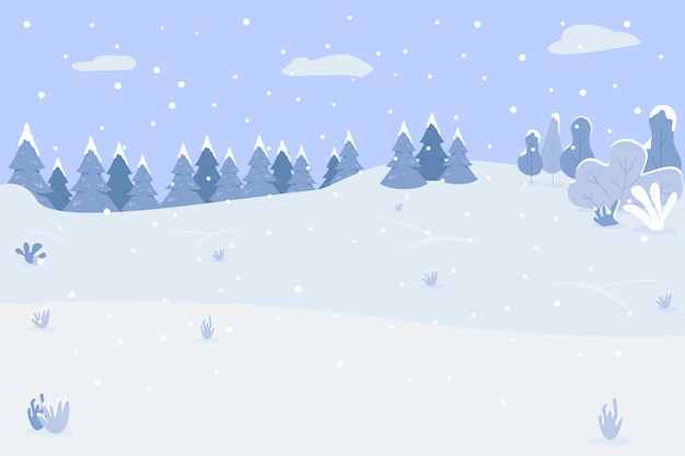 Snow hills semi flat . winter scenery. place with trees and clearings for recreation. snowfall on traditional holiday. cold season 2d cartoon landscape for commercial use