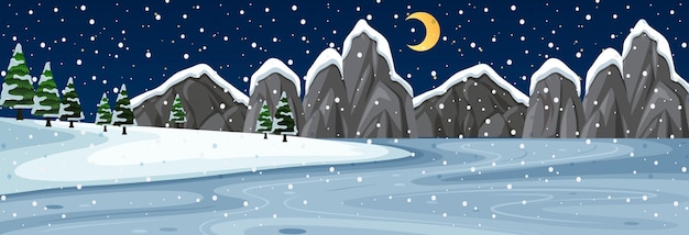 Vector snow horizontal scene with mountain landscape at night