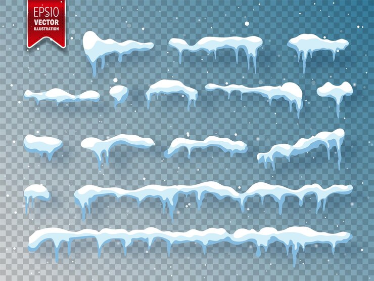 Vector snow ice cap with shadow snowfall and snowflakes winter season transparent background christmas and