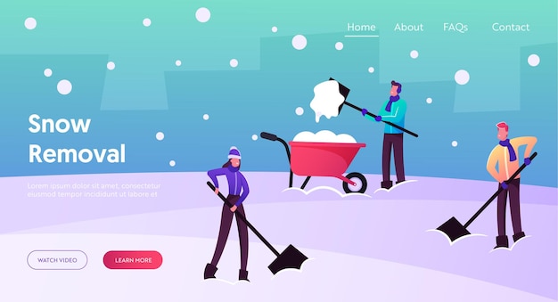 Vector snow and ice removal landing page template. cheerful characters remove snowdrifts with shovels from ground clean backyard from snow. neighbors wintertime activity. cartoon people vector illustration