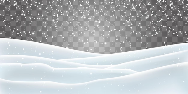 Snow landscape decoration falling snow with frozen hills isolated on png