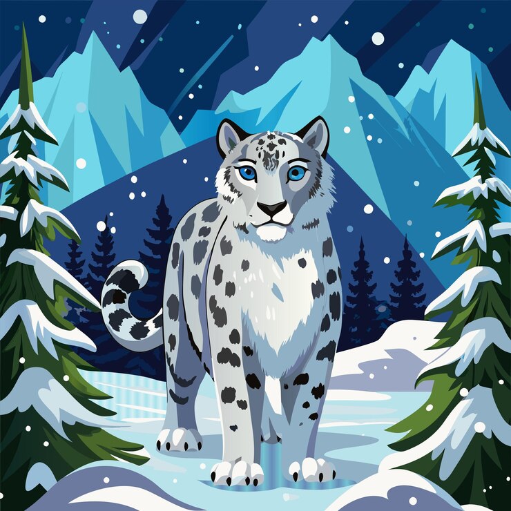 스노우 레오파드 (Snow Leopard) 가 뒷면에 나무가 있는 눈 속에 서 있다.