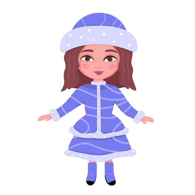 Vector snow maiden. beautiful girl wearing blue coat with white fur, traditional russian christmas character on white background. illustration for backgrounds, greeting cards and seasonal design.