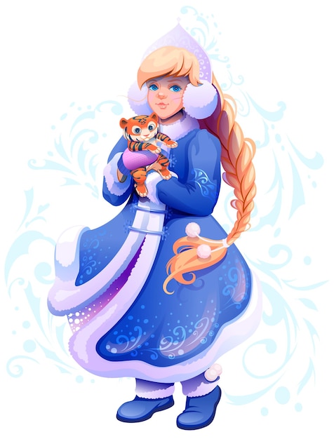 snow maiden snegurochka hold small tiger in her hands symbol of 2022