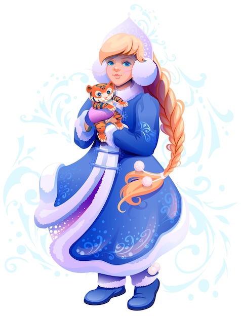 Vector snow maiden snegurochka hold small tiger in her hands symbol of 2022