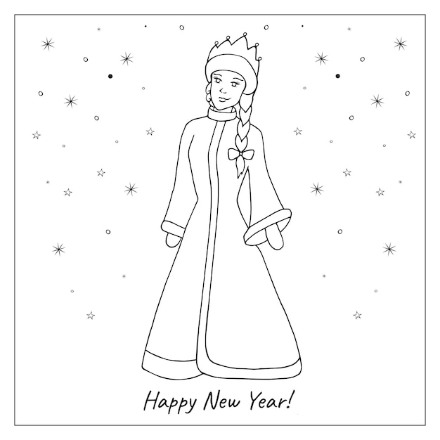 Snow maiden. Traditional russian New Year character. Hand-drawn doodle winter girl.