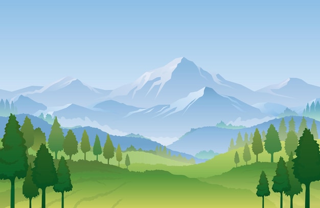 Vector snow mountain and forest in spring landscape background