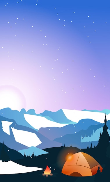 Snow mountain landscape. sunset winter camping vector illustration. tent, fire and nature