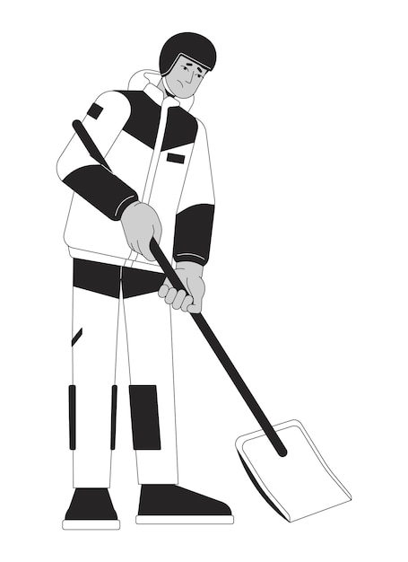 Snow mountain rescuer shoveling out black and white 2D line cartoon character Winter outerwear indian man with shovel isolated vector outline person Snow removal monochromatic flat spot illustration