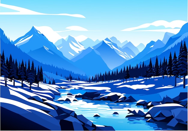 Снежная гора, река, лес, голубое небо, обои, иллюстрация, фон
