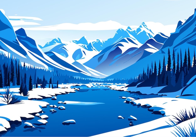 Vettore fondo dell'illustrazione della carta da parati del cielo blu della foresta del fiume della montagna della neve