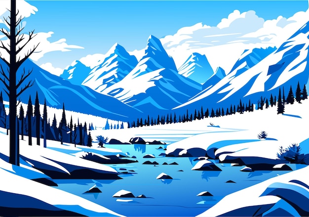 Вектор Снежная гора, река, лес, голубое небо, обои, иллюстрация, фон