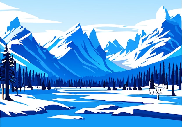 Vector snow mountain river forest blue sky wallpaper illustration background