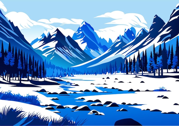 Vector snow mountain river forest blue sky wallpaper illustration background