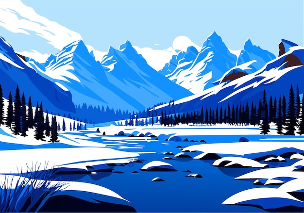 Vector snow mountain river forest blue sky wallpaper illustration background