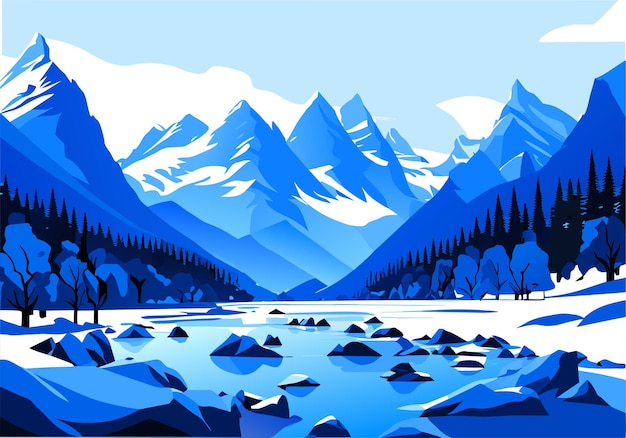 Vector snow mountain river forest blue sky wallpaper illustration background