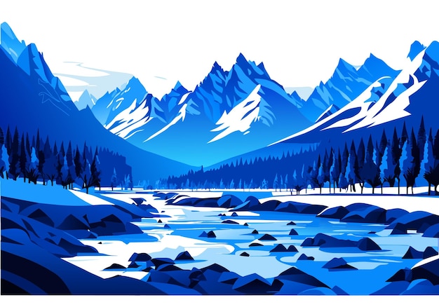 Vector snow mountain river forest blue sky wallpaper illustration background