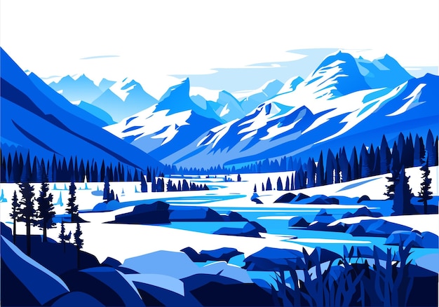 Vector snow mountain river forest blue sky wallpaper illustration background