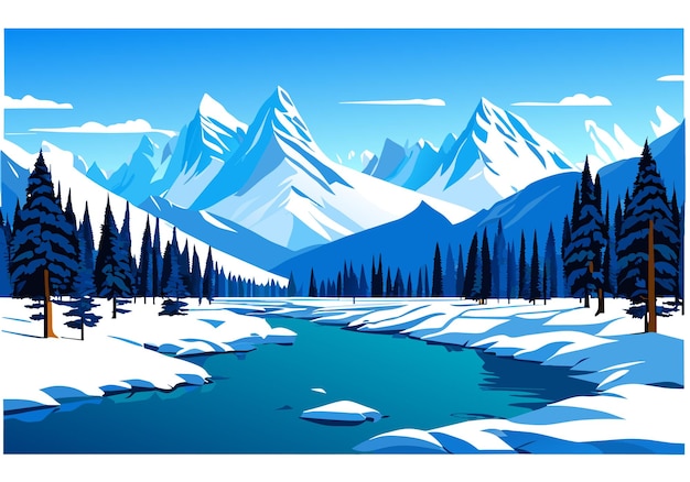 Vector snow mountain river forest blue sky wallpaper illustration background