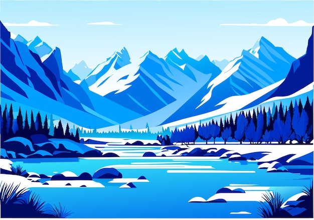 Vector snow mountain river forest blue sky wallpaper illustration background