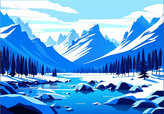 Vector snow mountain river forest blue sky wallpaper illustration background