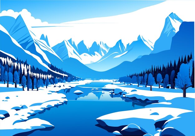 Vector snow mountain river forest blue sky wallpaper illustration background