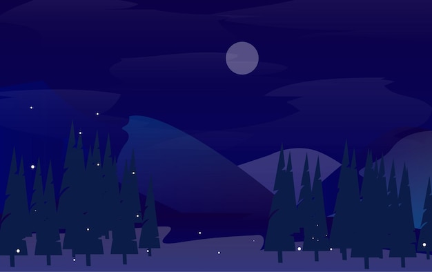 Vector snow mountains at night flat illustration