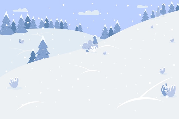 snow mountains semi flat . winter resort for extreme sports. place with trees and hills. snowfall on traditional holiday. cold season 2d cartoon landscape for commercial use