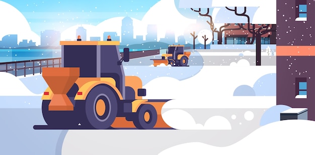 Vector snow plow tractors cleaning city snowy road winter street snow removal concept residential area cityscape flat horizontal vector illustration