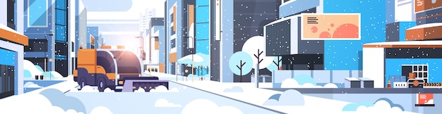 Снегоочиститель уборка городских улиц в центре города с небоскребами бизнес-здания зимой концепция вывоза снега солнце городской пейзаж плоские горизонтальные векторные иллюстрации