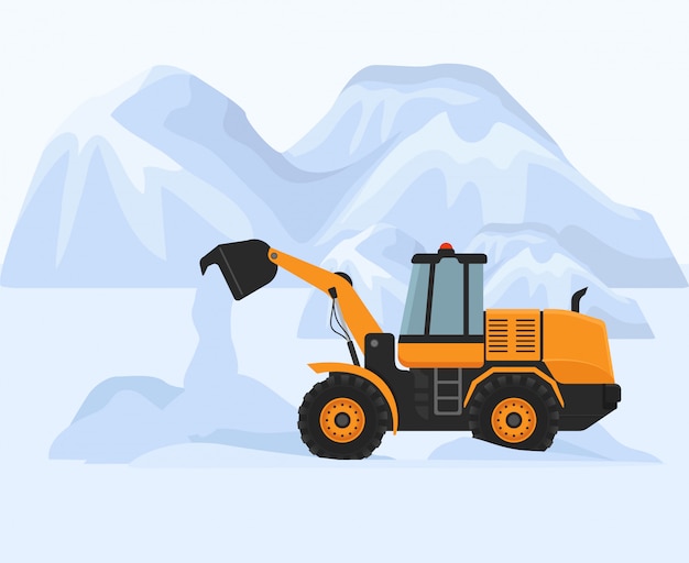 Snow removal in cold winter  illustration. Snowblower petrol machine yellow tractor works to clean road. White huge mountain snowdrifts in .