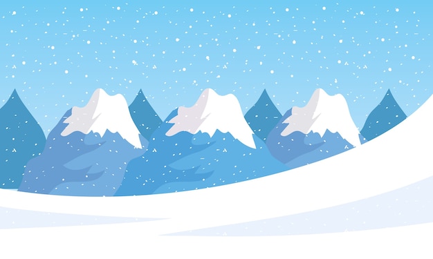 Vector snow scape seasonal scene with mountains peaks