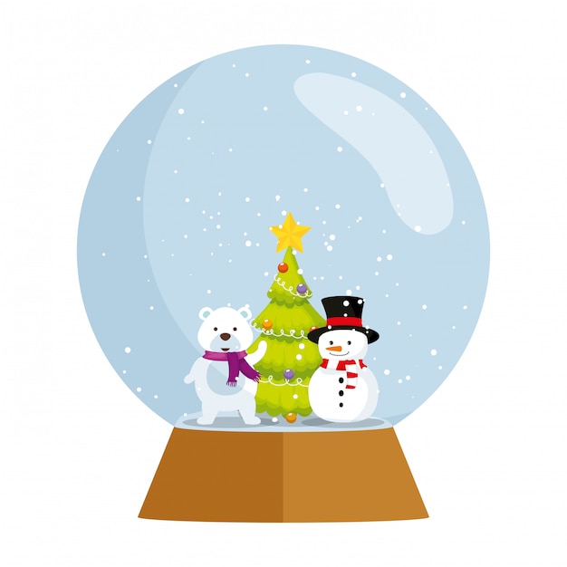 Vector snow sphere with cute polar bear christmas