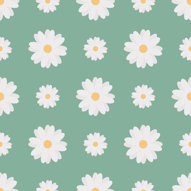 Snow white camomiles seamless floral pattern on green background