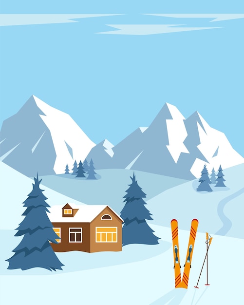 Snow winter landscape with ski. Snow mountains, trees and small house. Ski resort concept.