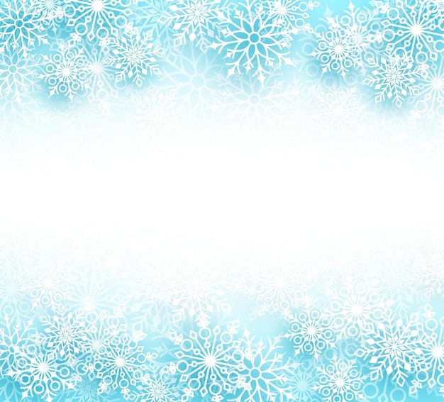 Snow winter vector background with different shapes of snowflakes elements and empty white space