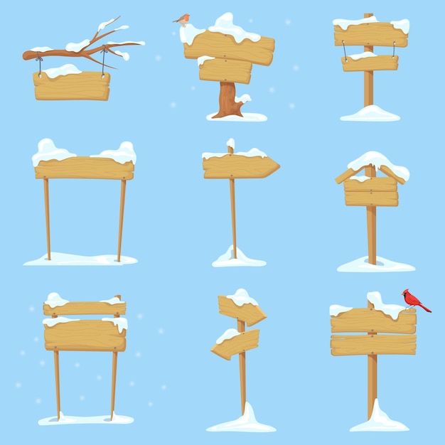 Вектор Снежные деревянные знаки зимняя деревянная вывеска мультфильм снежный указатель доска стрелка замороженный покрытый деревянный стол или холодный баннер ледяная панель знак направление векторная иллюстрация зимнего снега пустая вывеска