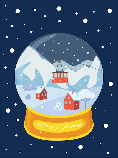 Snowball. Ski resort, air lift flat vector illustration. Alps, firs, mountains wide.  Winter